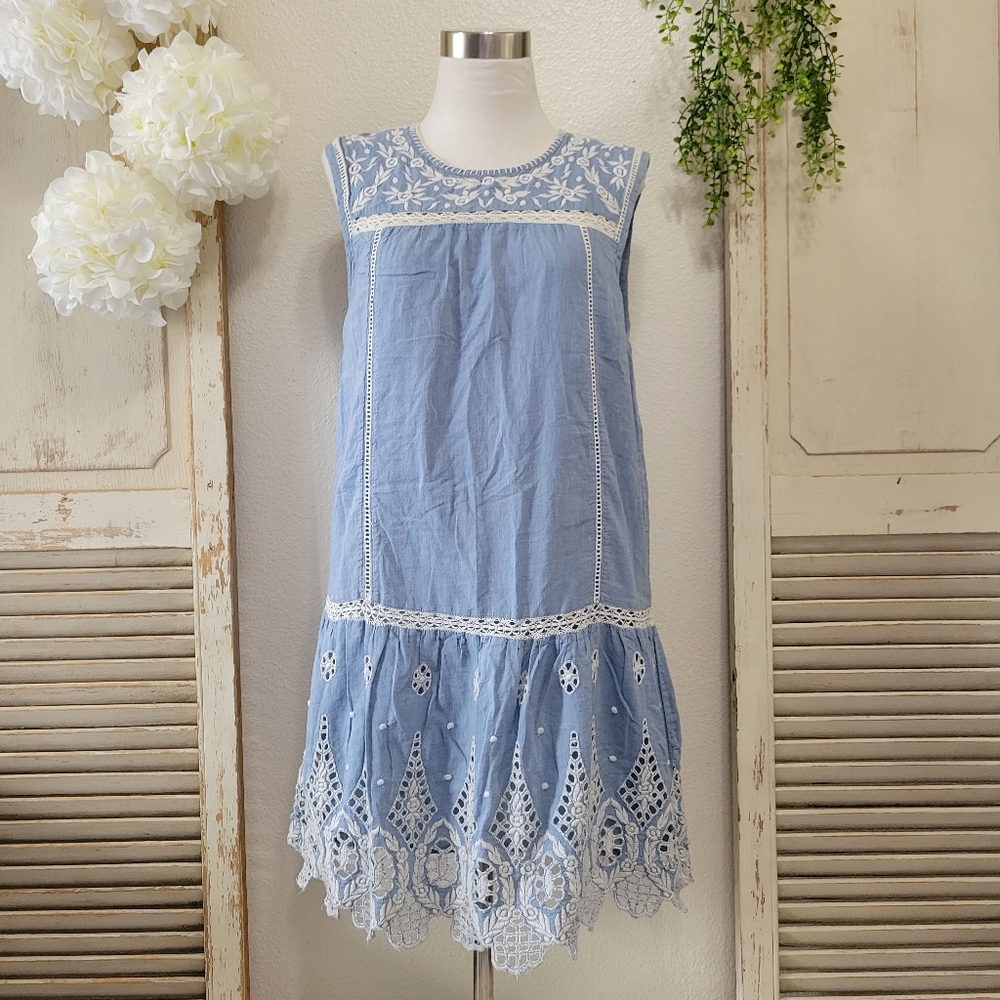 Joie blue denim embroidery mini dress small